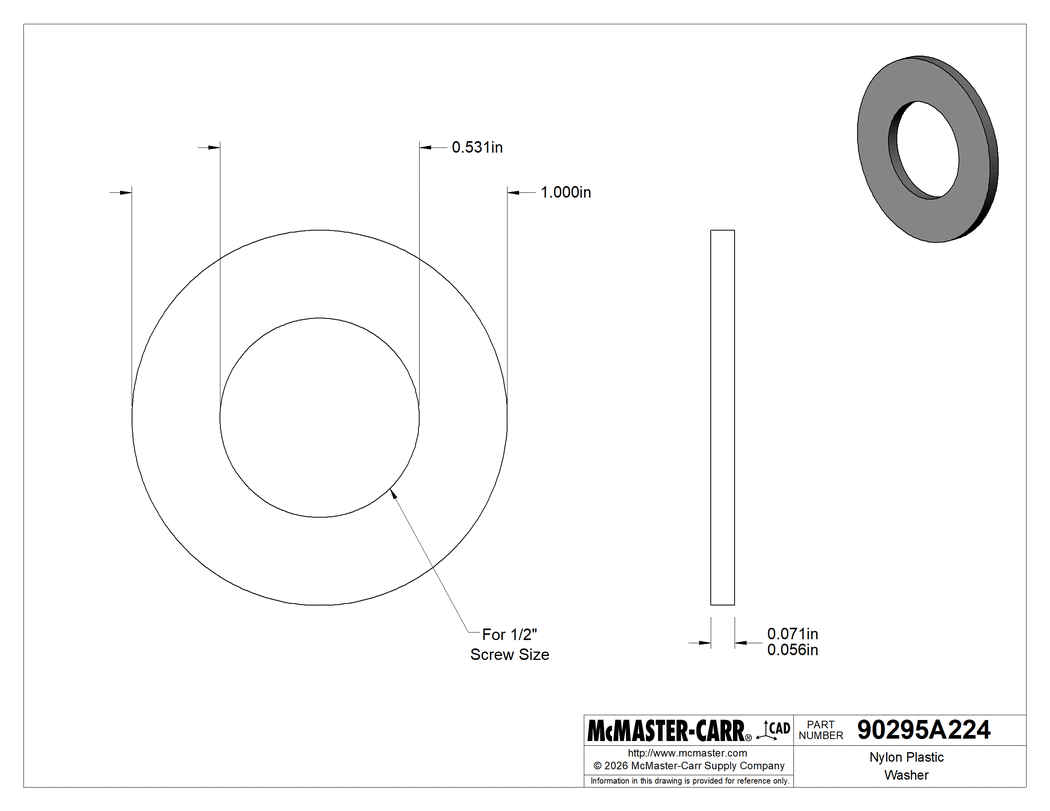 Technical Drawing of Nylon Plastic Washer, for 1/2" Screw Size, 0.531" ID, 1.000" OD, Off-White.